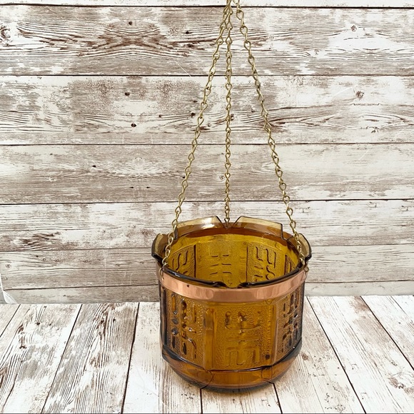 Vintage 70’s Princess House Amber Etched Glass Hanging Planter Plant Holder - Picture 7 of 13